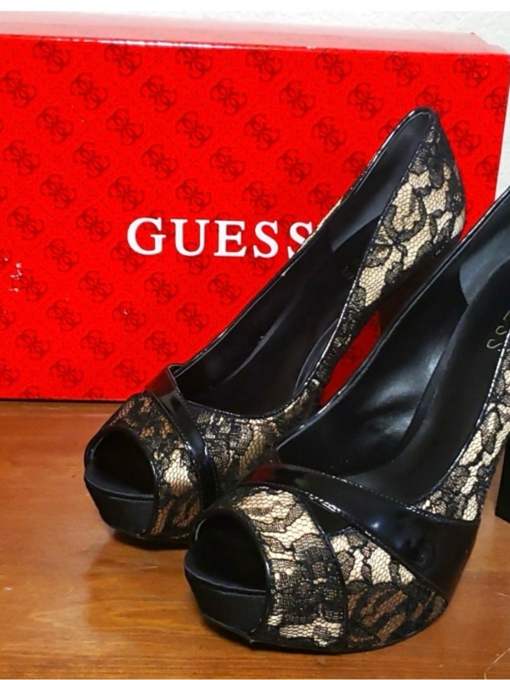 GUESS Black and Gold Lace Peep-Toe Platform Heels